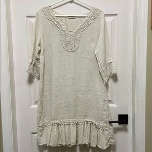 Via Signoria |Made in Italy |Linen |Cream |Shift Dress|Crochet Eyelet | Size M